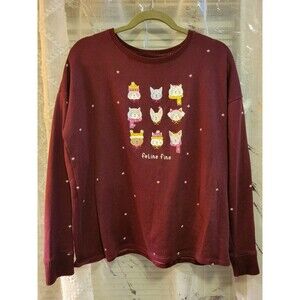 LAUREN CONRAD Cat Sleep Shirt Pajama Top Sweatshirt Sleepwear Burgundy XL Xlarge